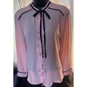 Pink Ruffle Bow Necktie Y2K romantic preppy Blouse flounce‎ sleeve blk trim sz M